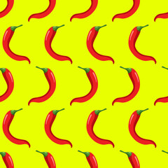 Seamless pattern of red hot chili peppers on yellow. Vector illustration.