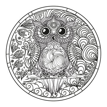 Mandala. Owl. Zentangle. Hand drawn circle zendala with abstract patterns on isolation background. Design for spiritual relaxation for adults. Line art. Black and white illustration for coloring.