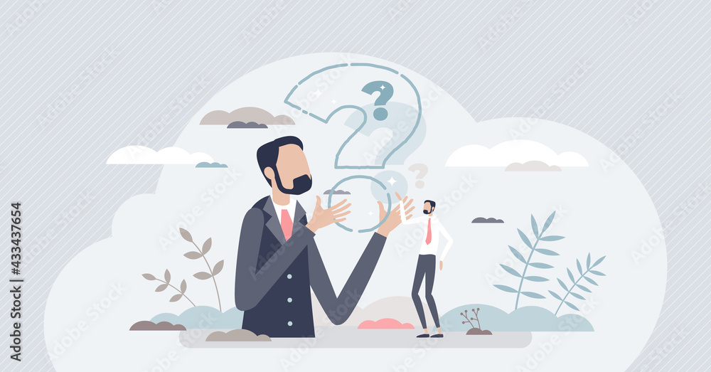 Poster curiosity and thinking about questions and examining them tiny person concept. mind training and dil