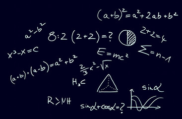 Blackboard to solve mathematics equations. Examples on the chalkboard. close-up.	