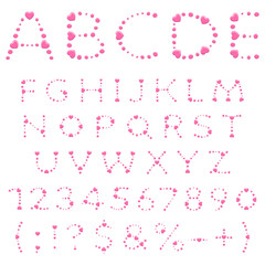 Alphabet, letters, numbers and signs made of pink circles and hearts. Isolated vector objects on a white background.