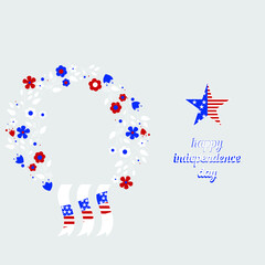 USA Independence Day, July 4, Independence Day-Welcome Design. Vector illustration. A wreath, a greeting card. banner, print, flowers. red, blue, white. American holiday. star, flag of america