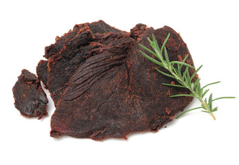 Slices of beef jerky on white background