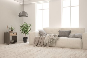White living room with sofa. Scandinavian interior design. 3D illustration