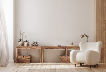 Naklejka premium Cozy farmhouse living room interior, 3d render