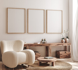 Mockup frame in farmhouse living room interior, 3d render  © artjafara