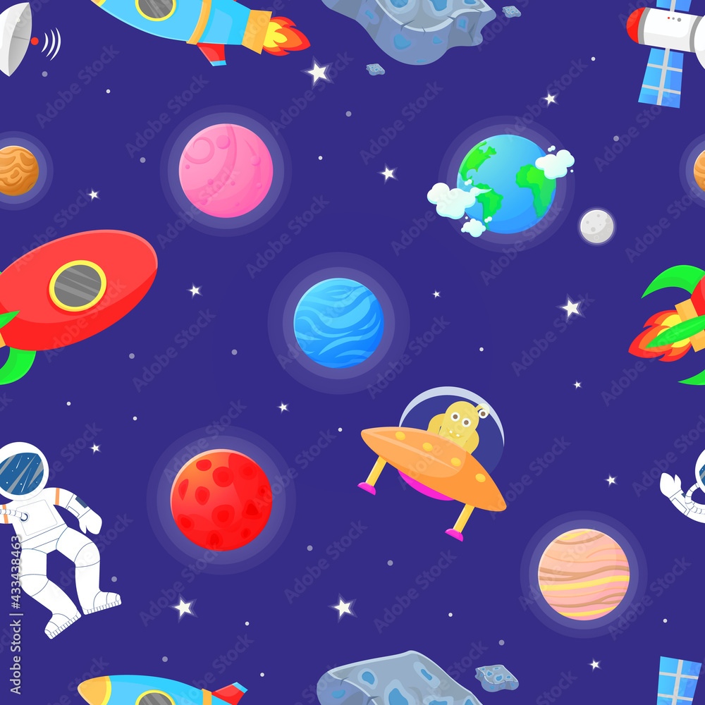 Wall mural astronaut with rocket and alien in the open space
