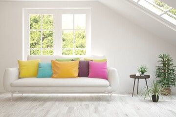 Fototapeta premium White living room with sofa and summer landscape in window. Scandinavian interior design. 3D illustration