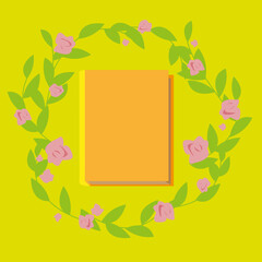 Book Flat illustration. An orange book on a yellow background framed by a circle of leaves and flowers. Cover, web, announcement, advertizing, description