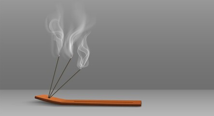 Aroma sticks incense with realistic smoke 3d vector illustration. Aroma stick on wooden stand isolated on transparent background. Aromatherapy and meditation