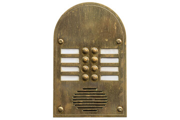 Old metal intercom cut out on white background. Isolated vintage object. - 433439071