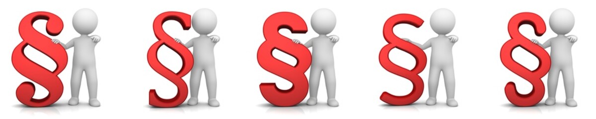 Paragraph sign red article symbols with white stick man lawyer judge 3d