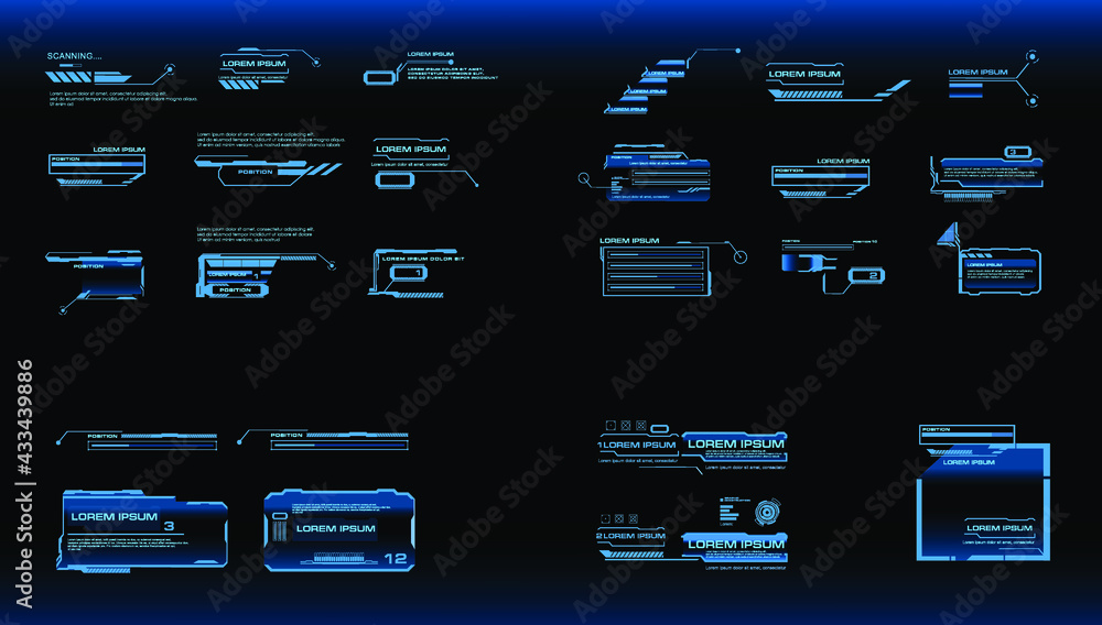 Poster hud style titles, callouts and headers. large set of digital information frames and blocks for the h