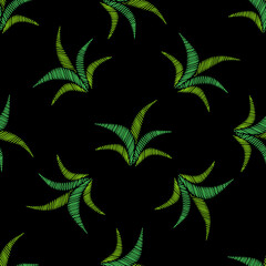 Green leaf embroidery stitches imitation on black background