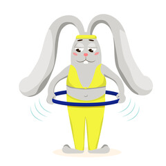 vector illustration of a funny chubby bunny playing sports with a hula hoop in his hands isolated on a white background