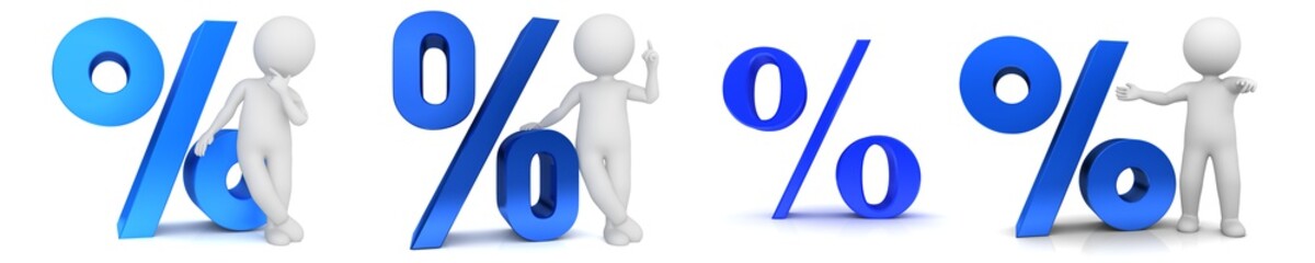 Percent percentage sign % sale discount symbol off tag promotion rebate reduction offer label blue 3d rendering with white stickman customer man in high resolution