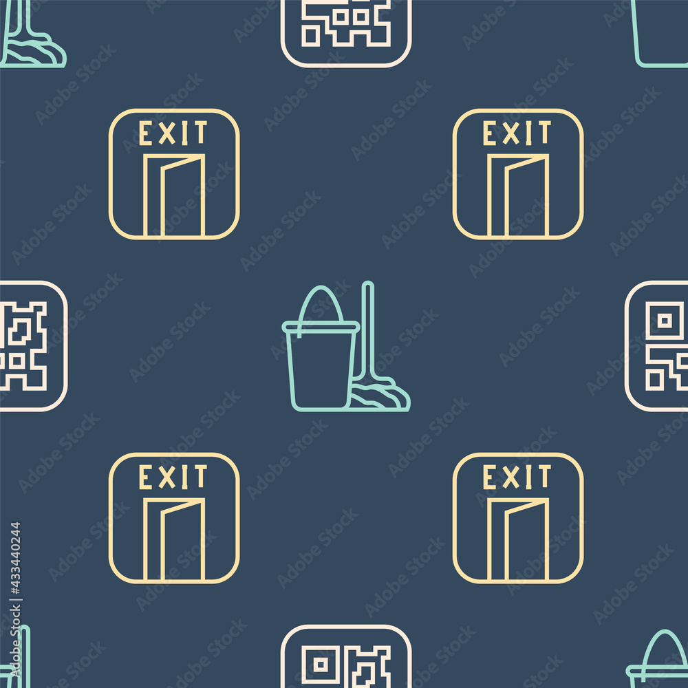 Poster set line qr code, fire exit and mop and bucket on seamless pattern. vector