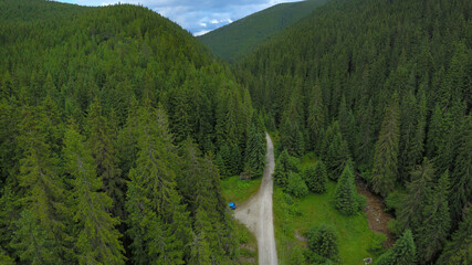 A gravel road winding along Sadu river through wild, green, coniferous forests of Cindrel Mountains. Carpathia, Romania. - obrazy, fototapety, plakaty