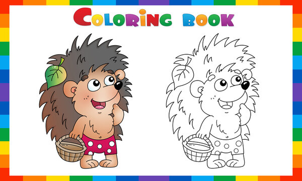 Coloring Page Outline Of cartoon small hedgehog with a basket for mushrooms. Coloring Book for kids.