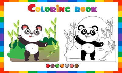 Naklejka premium Coloring Page Outline Of cartoon little panda with bamboo or sugar cane. Coloring Book for kids.