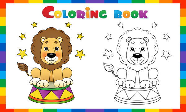 Coloring Page Outline Of cartoon lion in circus. Coloring Book for kids.