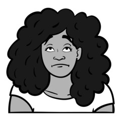 Monochrome woman with curly hair looks bored upwards.
