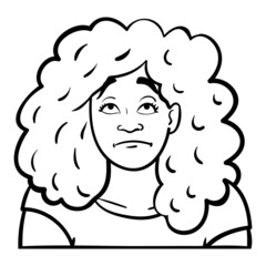 woman with curly hair looks up disappointed. monochrome, comic, avatar, outline.
