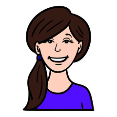 comic girl with long brown hair. avatar, isolated, vector.