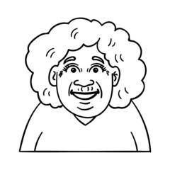 old smiling woman with curls. comic, outline, monochrome, avatar.
