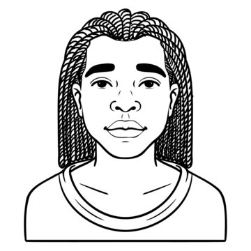 young african american with long rasta curls. avatar, comic, monochrome.