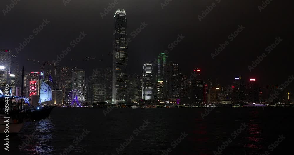 Poster famous junk ship sailing at victoria harbour night in hong kong china