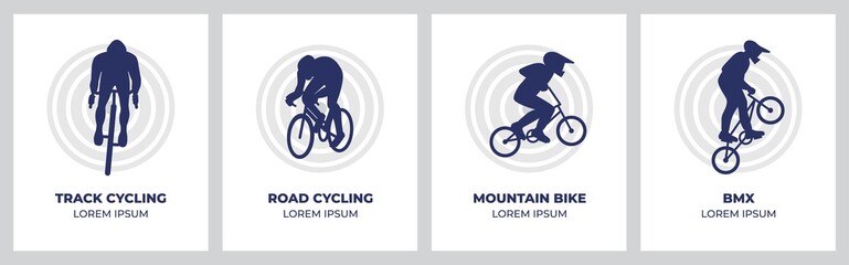 Cycling competitions layout templates set. Road cycling, track cycling, mountain biking and BMX sportsmen silhouettes with a background. Minimal banners design. Flat style vector illustrations.