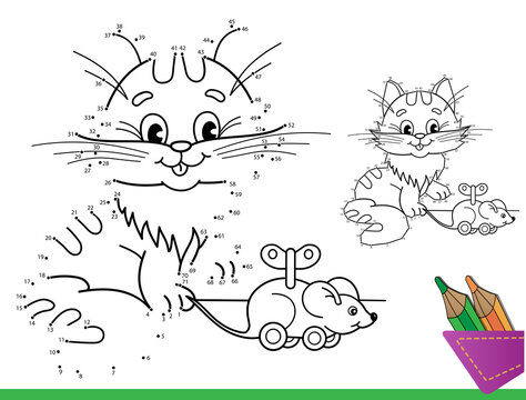 Puzzle Game for kids: numbers game. Coloring Page Outline of cartoon cat with toy mouse. Coloring Book for children.