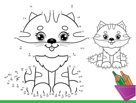 Puzzle Game for kids: numbers game. Coloring Page Outline of cartoon funny cat. Coloring Book for children.