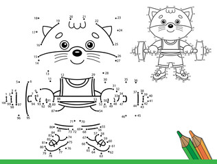 Puzzle Game for kids: numbers game. Coloring Page Outline Of Cartoon cat with barbell. Sport. Coloring Book for children.