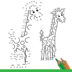 Puzzle Game for kids: numbers game. Coloring Page Outline of cartoon funny giraffe. Coloring Book for children.