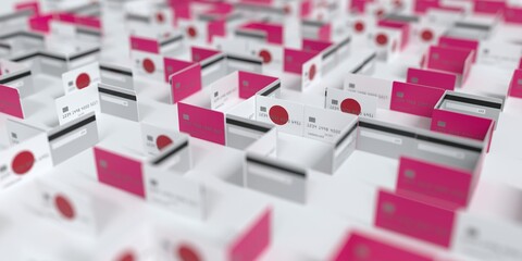 Fictional credit card maze with flag of Japan. Financial difficulties related 3D rendering