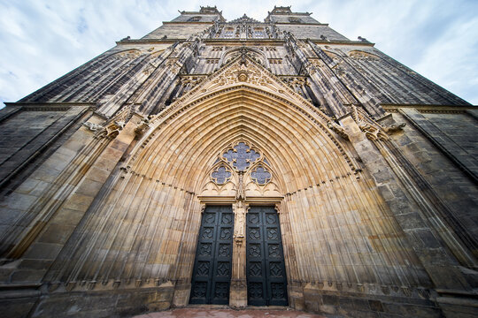 Entrance gate of the cathedral of Magdeburg, abstract wide angle distorted shot from below