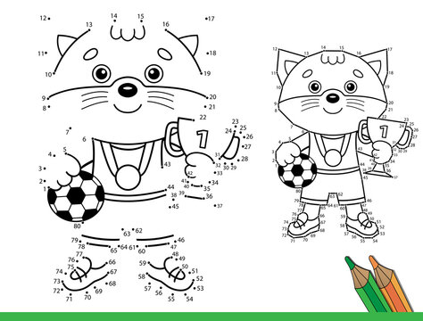 Puzzle Game for kids: numbers game. Coloring Page Outline Of Cartoon cat with cup and soccer ball. Champion or winner of football game. Coloring Book for children.