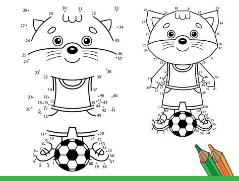 Puzzle Game for kids: numbers game. Coloring Page Outline Of Cartoon little cat with soccer ball. Football game. Coloring Book for children.