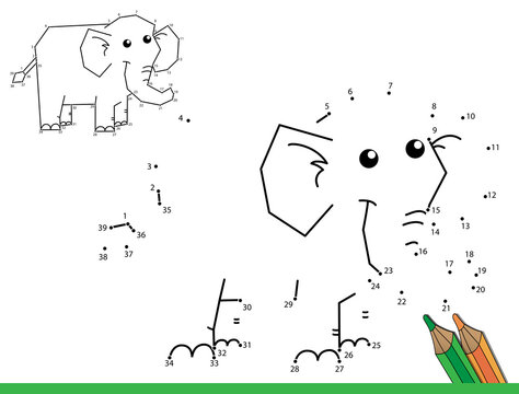 Puzzle Game for kids: numbers game. Coloring Page Outline of cartoon elephant. Coloring Book for children.