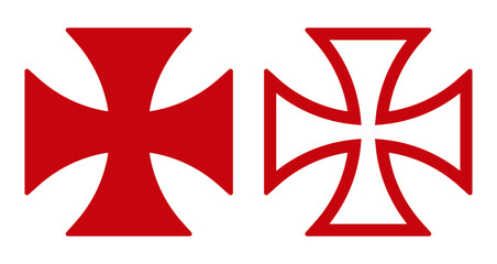 Maltese cross vector shape symbol. Christianity sign. Christian religion icon. Catholic and protestant faith logo or image. Teutonic crusader label. Gothic crusade crucifix. - obrazy, fototapety, plakaty