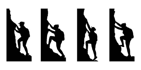 Vector illustration. Travel concept of discovering, exploring and observing nature. Hiking. Adventure tourism. Woman climbs with a backpack on the rock. Design element for web template