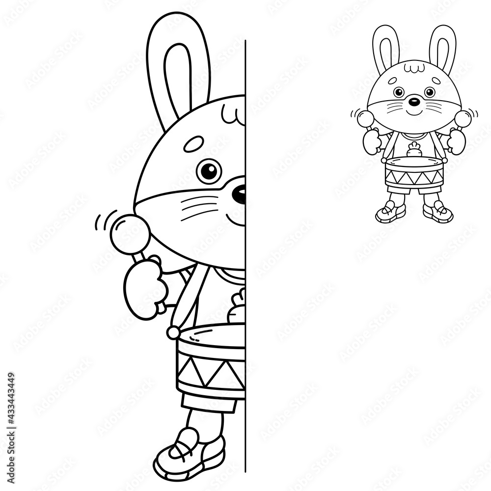 Wall mural draw symmetrically. coloring page outline of cartoon little bunny or hare with toy drum. coloring bo