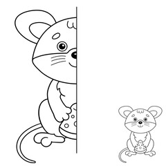 Draw symmetrically. Coloring Page Outline Of cartoon little mouse  with cheese. Coloring Book for kids.