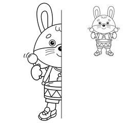 Draw symmetrically. Coloring Page Outline Of cartoon little bunny or hare with toy drum. Coloring Book for kids.