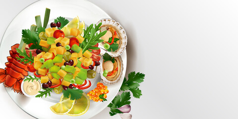 Vegetable salad with lobster, scallops and red caviar.