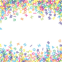 Falling letters of English language. Colorful sketch flying words of Latin alphabet. Foreign languages study concept. Exotic back to school banner on white background.