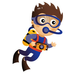 Fototapeta premium Cartoon little boy scuba diver. Marine photography or shooting. Underwater world. Colorful vector illustration for kids.