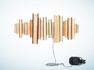 Audio books concept, sound wave from paper books, headphones connected below. On light blue...